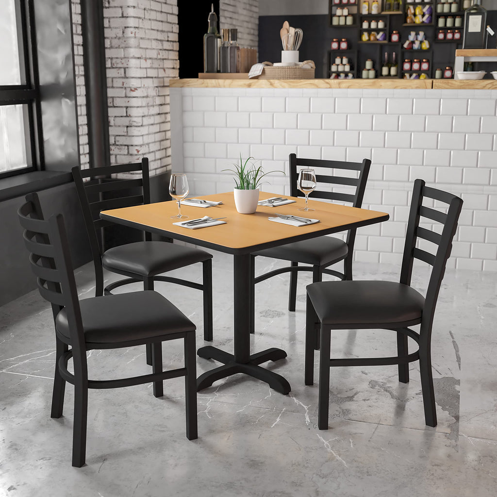 Flash Furniture 36'' Square Natural Laminate Table Set with X-Base and 4 Ladder Back Metal Chairs - Black Vinyl Seat