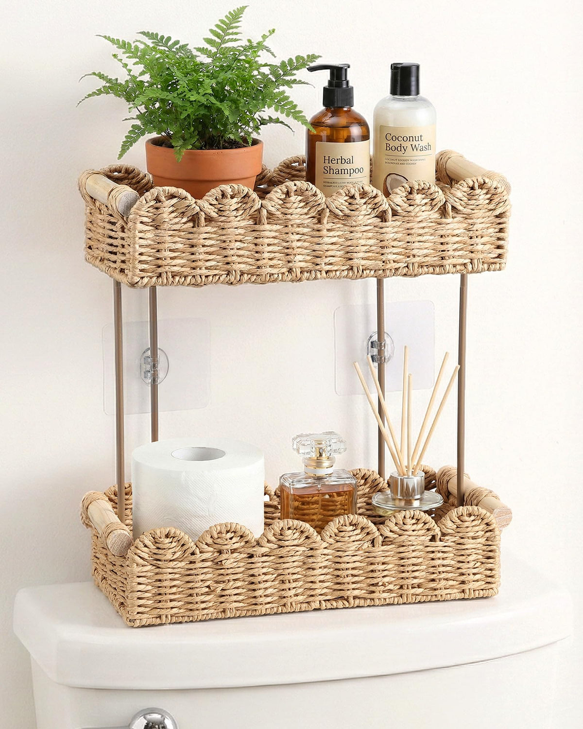 CACHOLIV Wicker Toilet Paper Basket  2 Tier Scalloped Rattan Bathroom Basket  Small Woven Baskets with Wooden Handle  Perfect