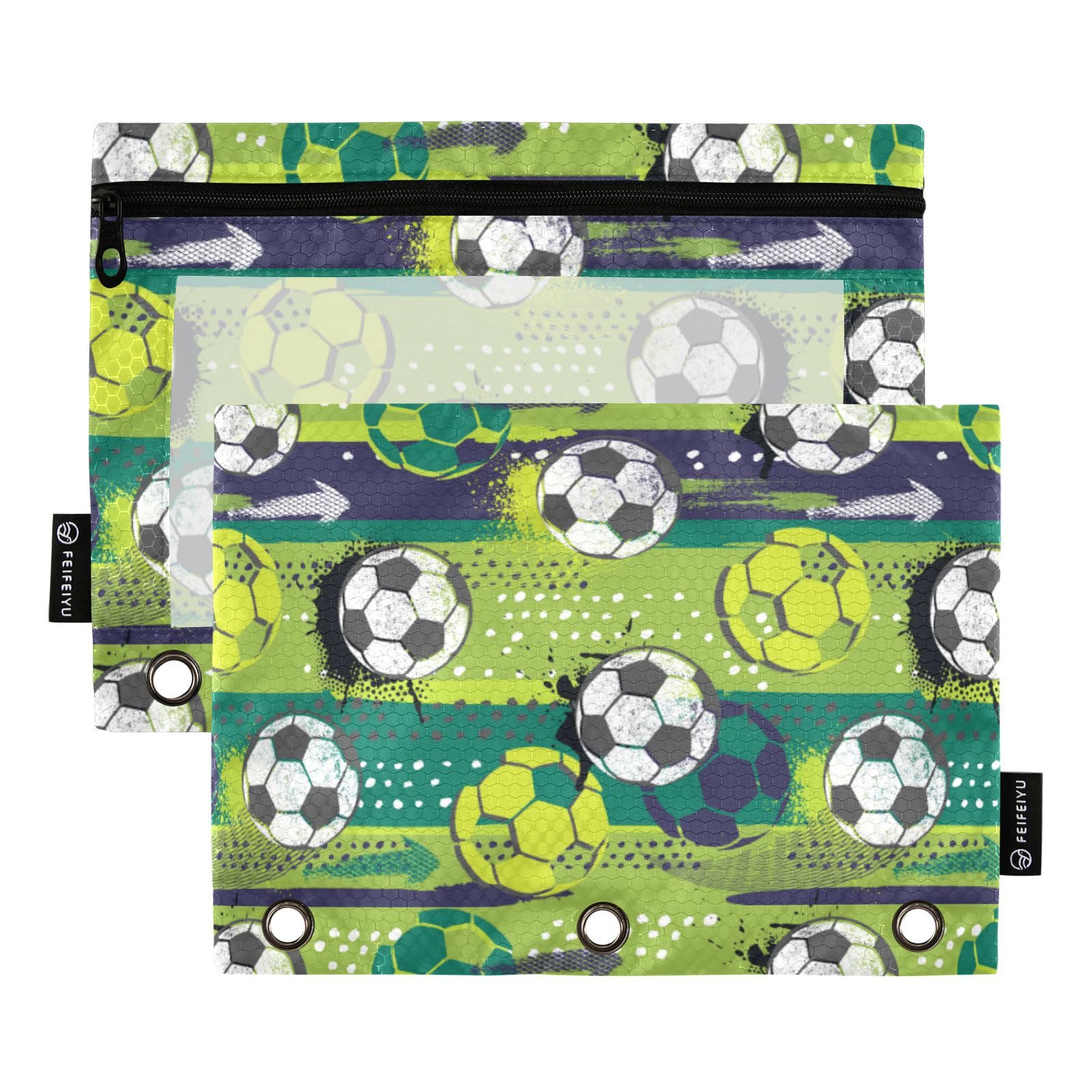 Emelivor Soccer Ball Pencil Pouch For 3 Ring Binder 2 Pack Binder Pencil Case With Clear Window Pencil Bags With Zipper For Stor