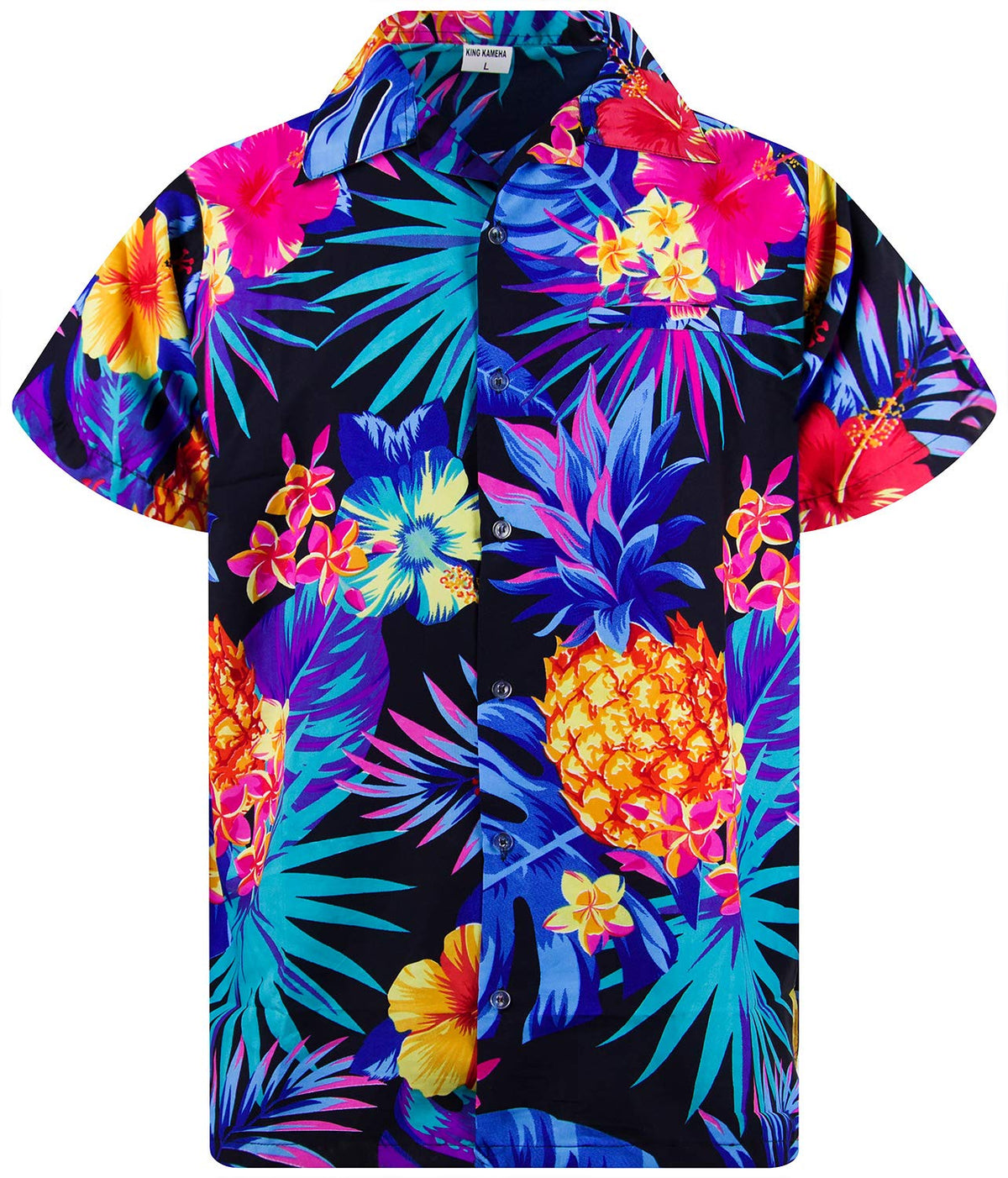King Kameha Funky Hawaiian Shirt, Shortsleeve, Pineapple, Black Blue, S
