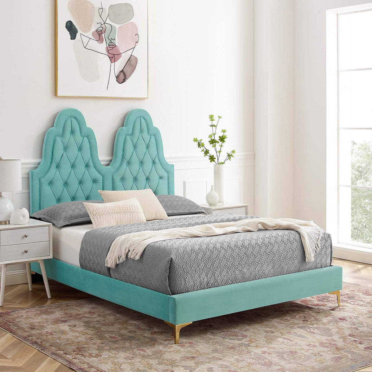 Modway Alexandria Tufted Performance Velvet Platform Bed with Gold Legs, King, Mint