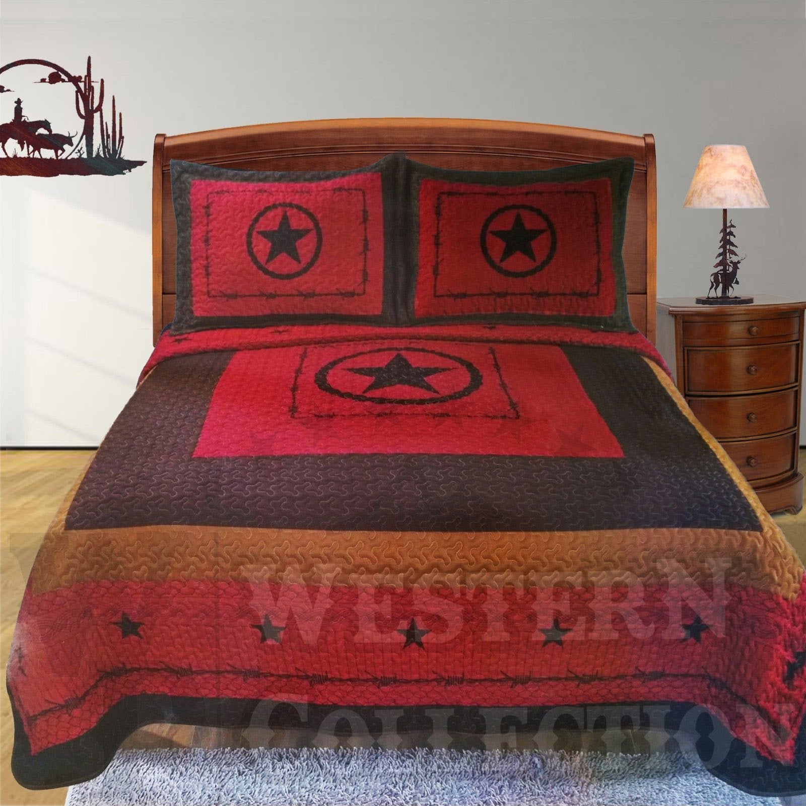 Western Peak 3 Piece Western Texas Lone Star Cabin Lodge Barbed Wire Luxury Quilt Bedspread Coverlet Comforter Maroon Brown Set