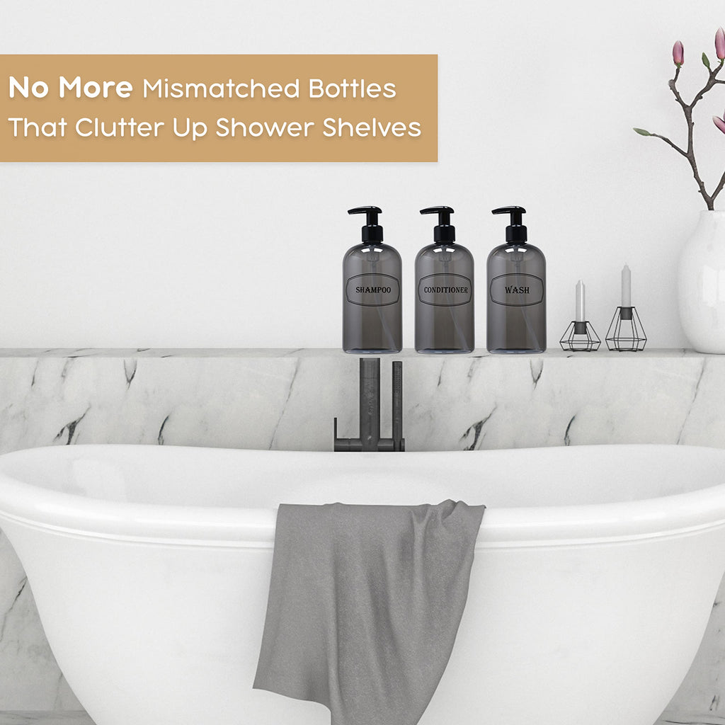 Bottiful Home-16 Oz Grey Shampoo, Conditioner, Wash Shower Soap Dispensers-3 Refillable Empty Pet Plastic Pump Bottle Shower Con