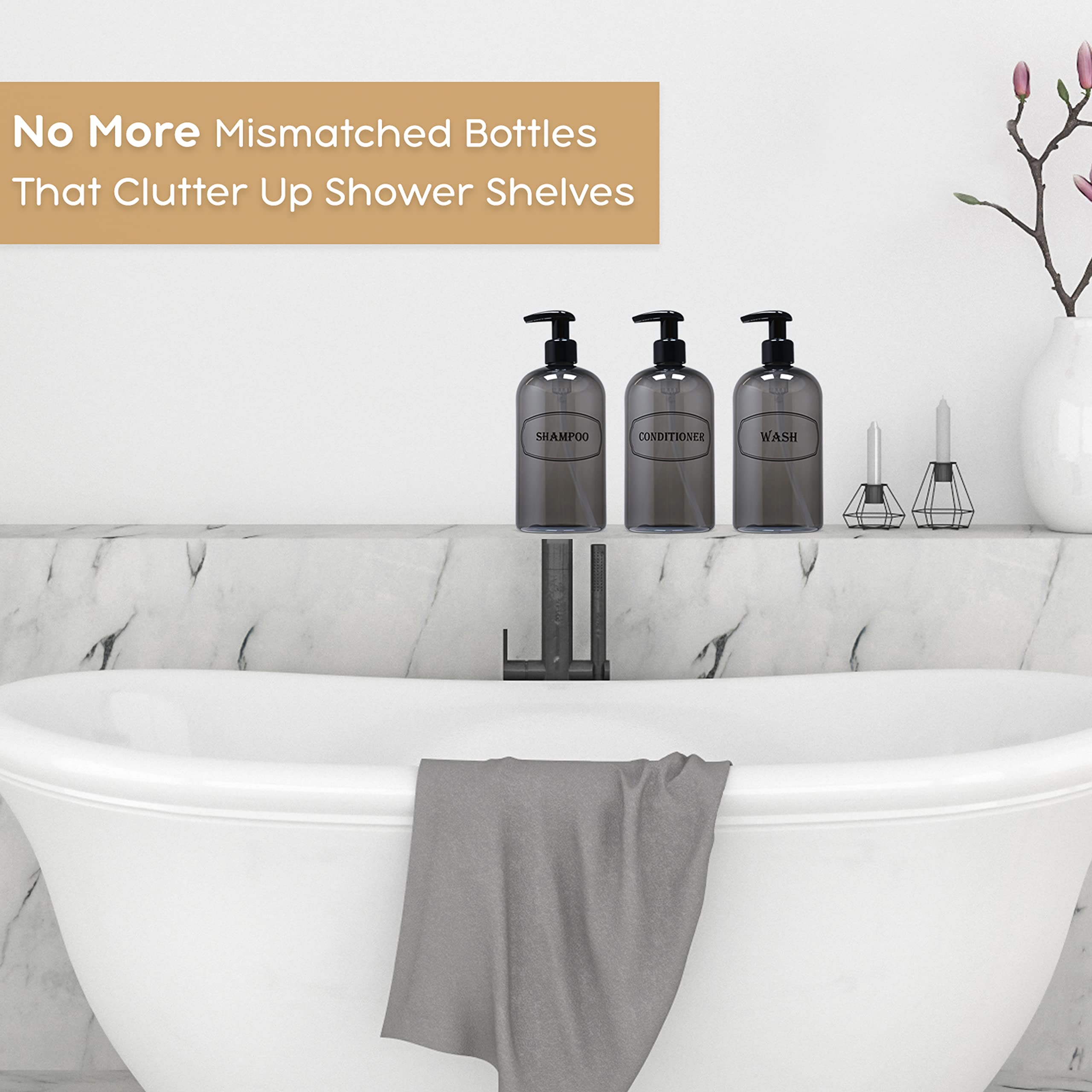 Bottiful Home-16 Oz Grey Shampoo, Conditioner, Wash Shower Soap Dispensers-3 Refillable Empty Pet Plastic Pump Bottle Shower Con