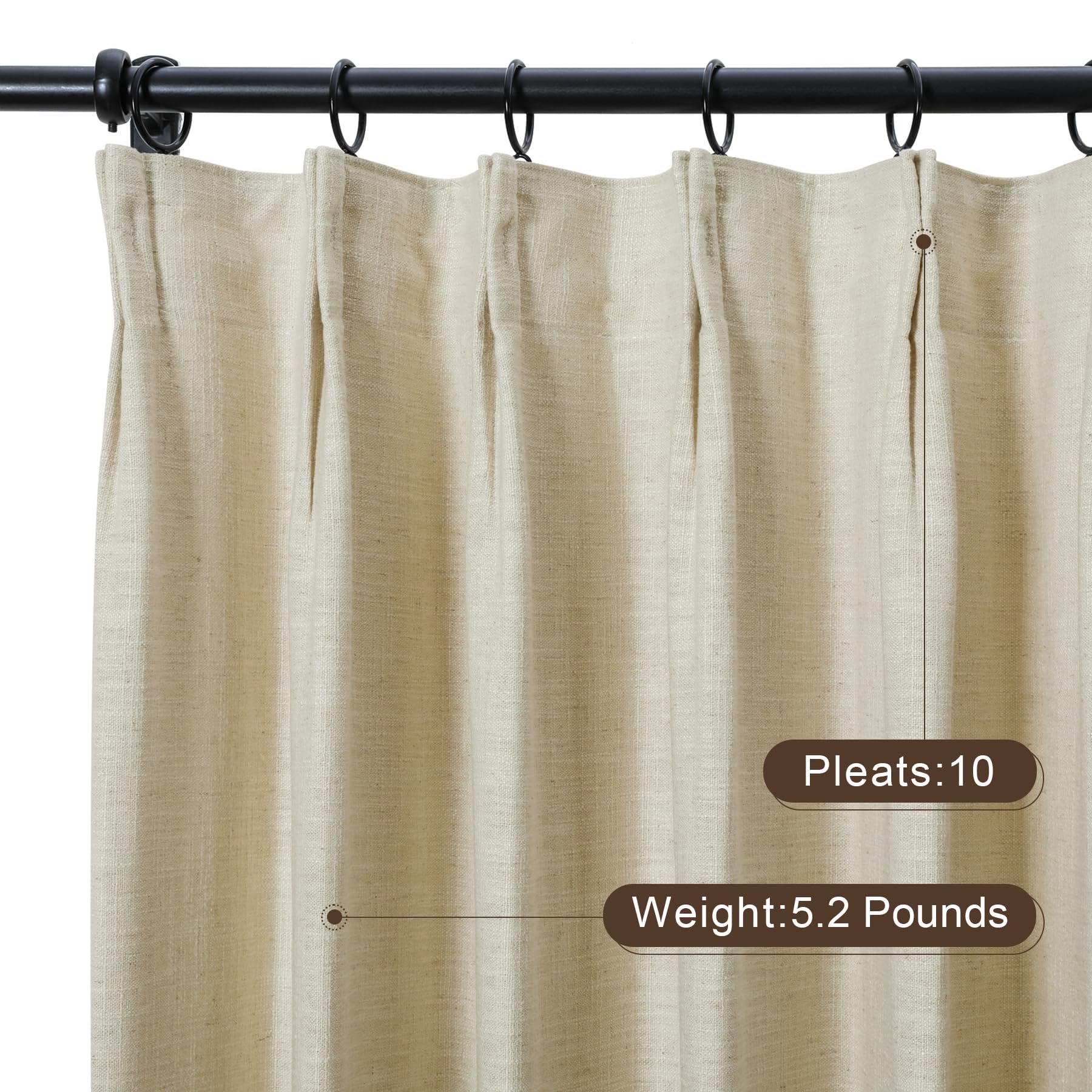Twopages Light Khaki Linen Pinch Pleat Drape For Living Room, Window Treatment Curtain Panel Double Layer Room Darkening Light F