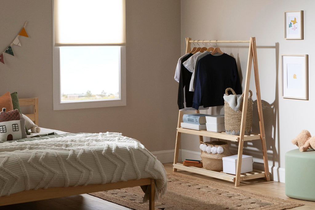 South Shore Sweedi Wooden Clothes Rack with Storage Shelves for Kids, Natural