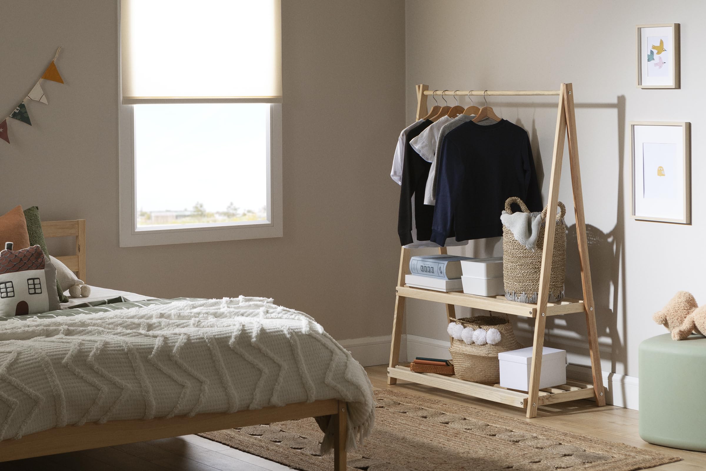 South Shore Sweedi Wooden Clothes Rack with Storage Shelves for Kids, Natural