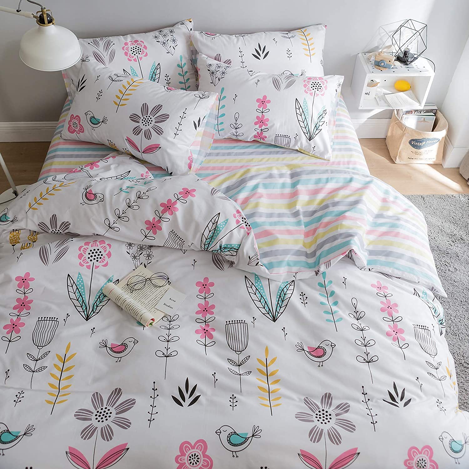 Bulutu Floral Bird Print Pattern Girls Duvet Cover Twin White Premium Cotton Nature Blossom Colorful Reversible Kids Bedroom Com