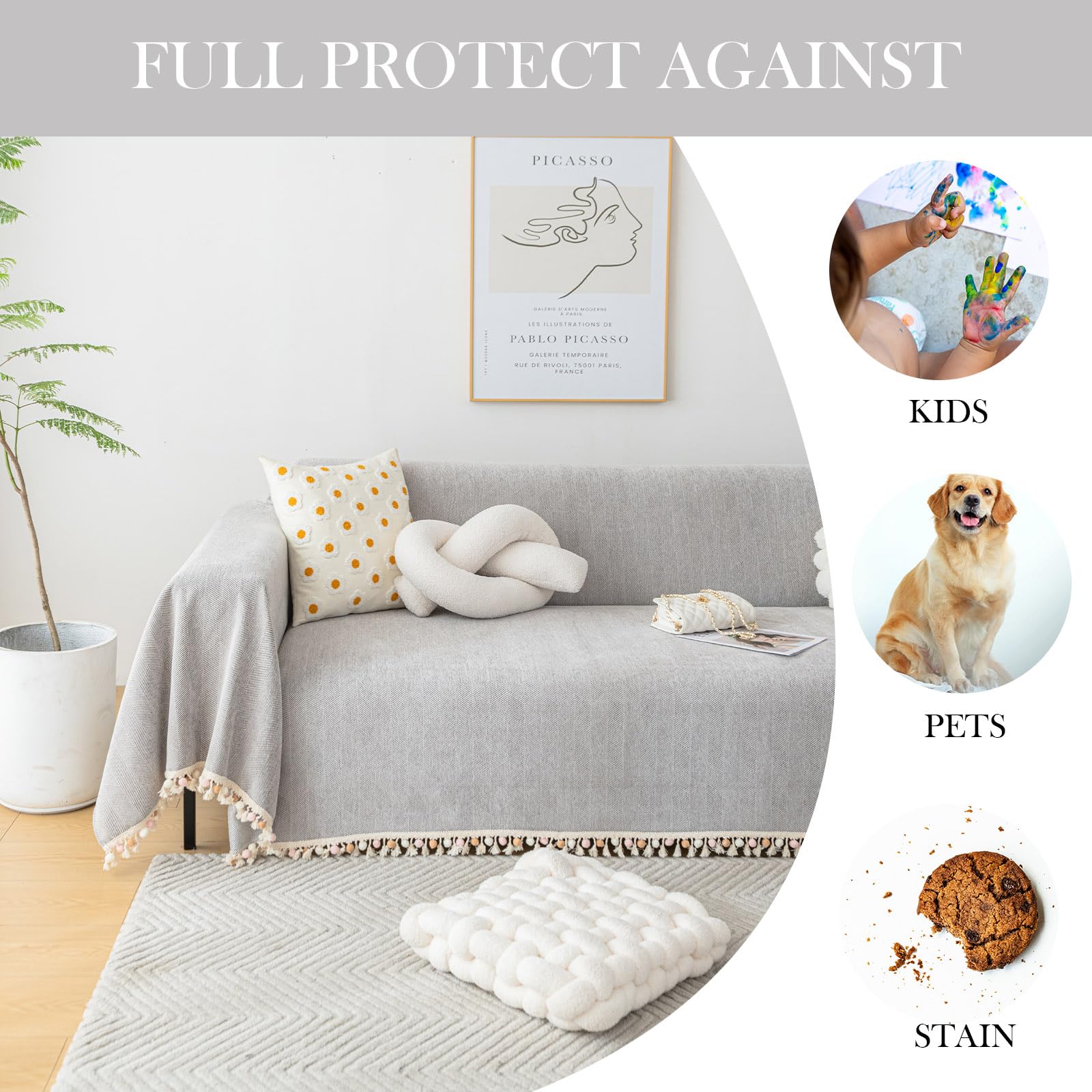 Handontime Grey Sofa Cover For Couch Boho Couch Cover For 3 Seat Couch Dog Couch Cover Love Seat Couch Covers Light Grey Sofa Sectional Cover 71' X134' Tassel Chenille Herringbone Sofa Covers