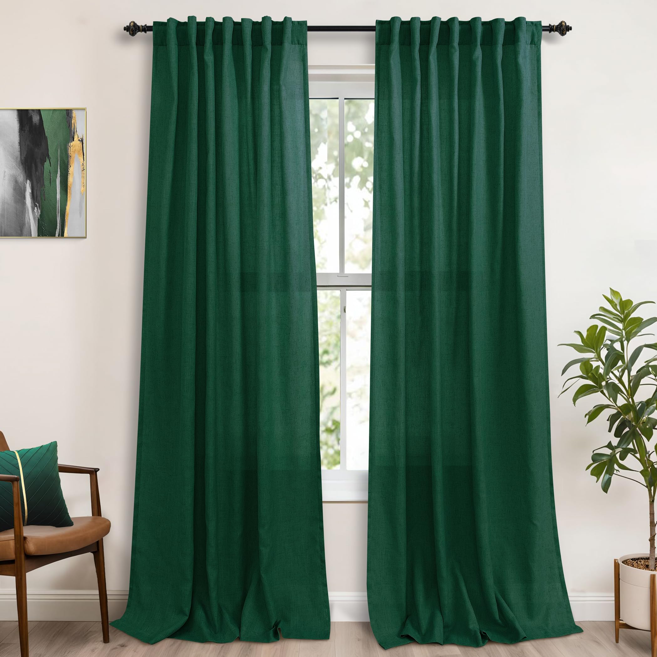 Koufall Dark Green Curtains 96 Inches Long 2 Panels Set,Back Tab Linen Semi Sheer Curtains 96 Inch Length For Living Room Bedroo