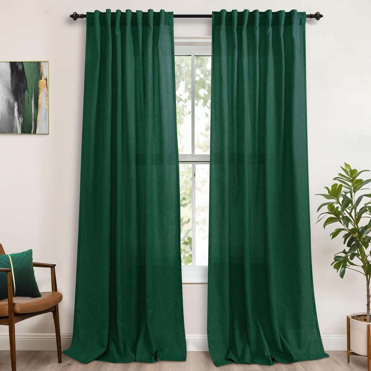 Koufall Dark Green Back Tab Rod Pocket Linen Sheer Curtains For Living Room 52 By 108 Inch Length