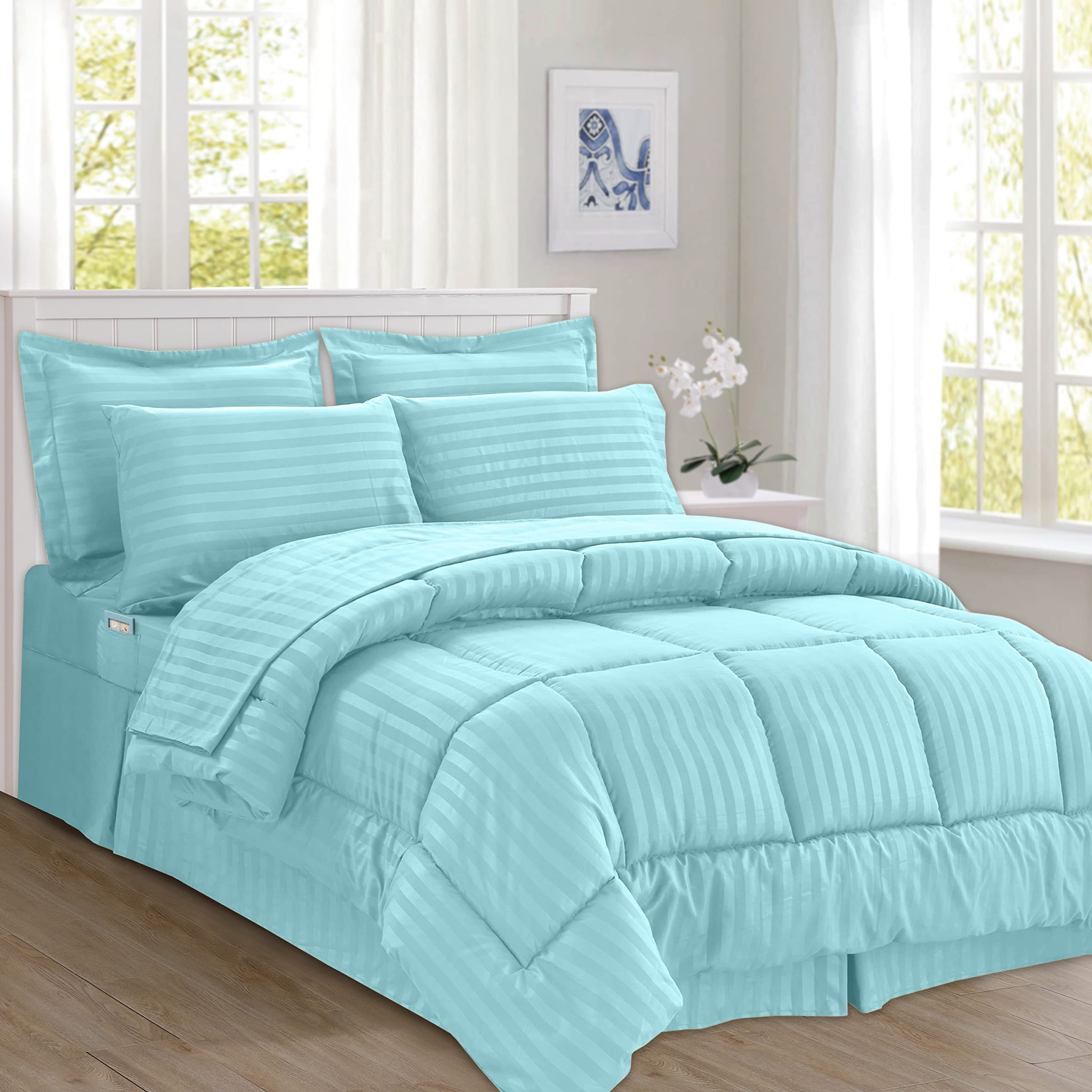 Elegant Comfort Silky Soft 8-Piece Dobby Stripe Bed-In-A-Bag Comforter Set, Includes 4Pc Smart Sheet Set, Bed Skirt, Comforter, Matching Pillowcases And Shams - Twin/Twin Xl, Light Blue