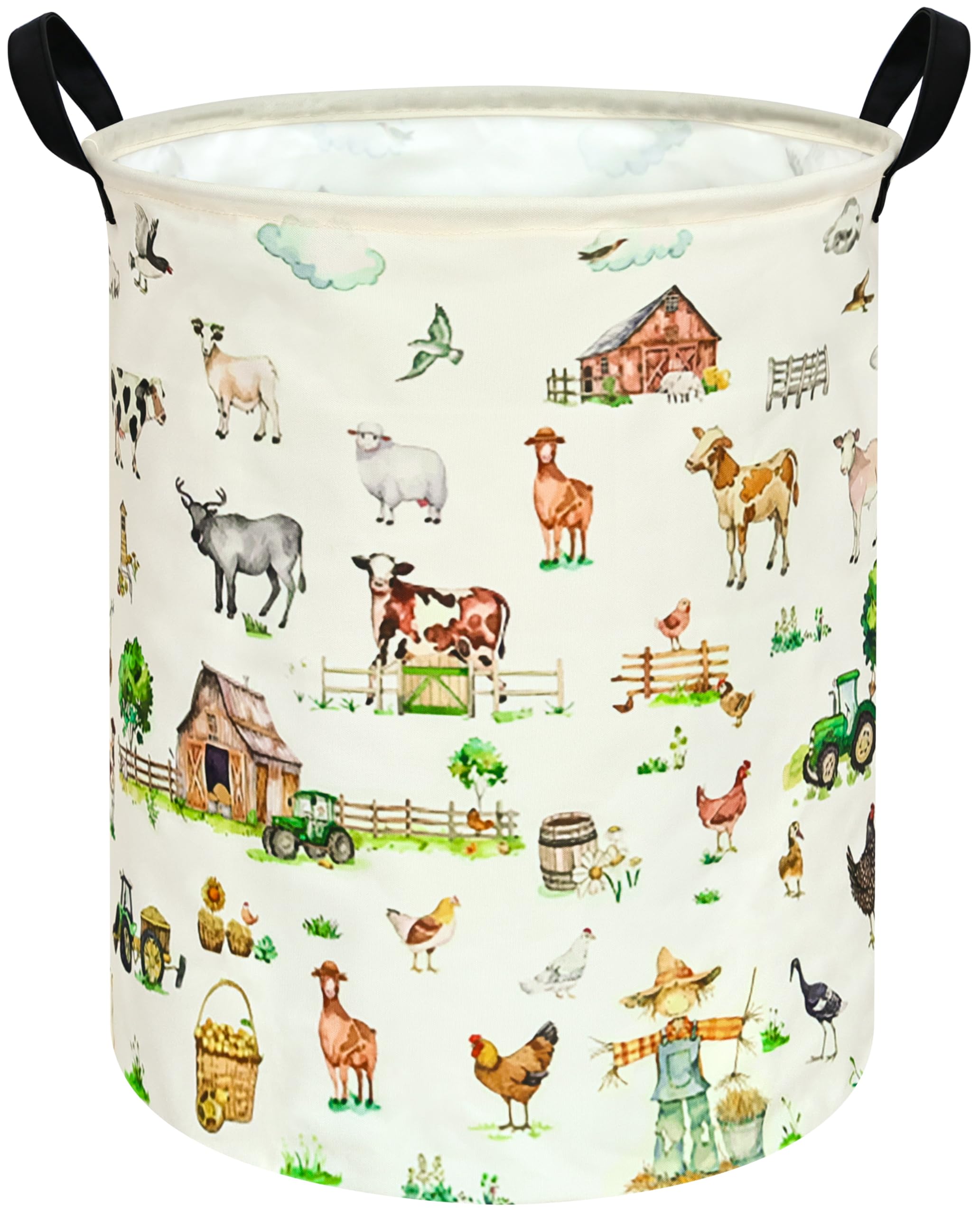 ACMUUNI 19.7 Inch Farm Pattern Round Kids Round Laundry Clothes Hamper Dino Laundry Basket with Handles,Baby Toys Storage Organi
