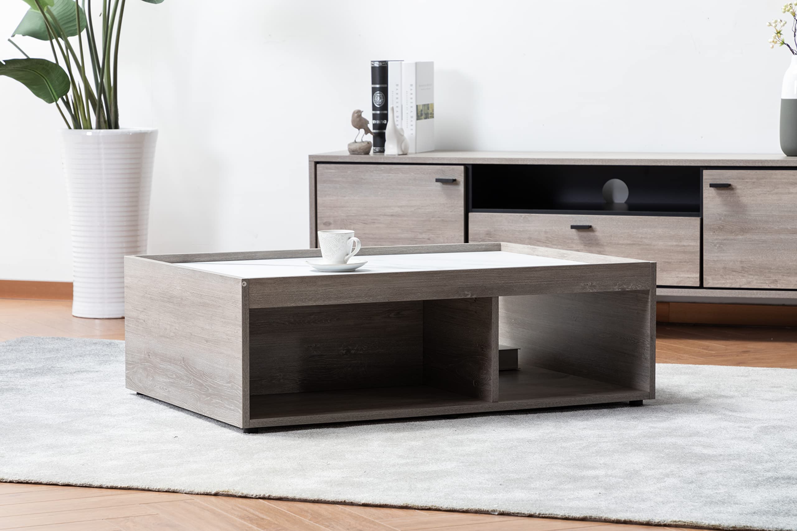 Lilola Home Apollo Gray Oak Finish Coffee Table with Faux Marble Finish Top with Drawer