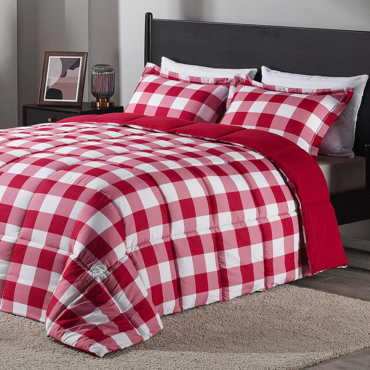 Downluxe Lightweight Plaid Comforter Set (Queen) With 2 Pillow Shams - 3-Piece Set - Red/White Plaid - Down Alternative Reversib