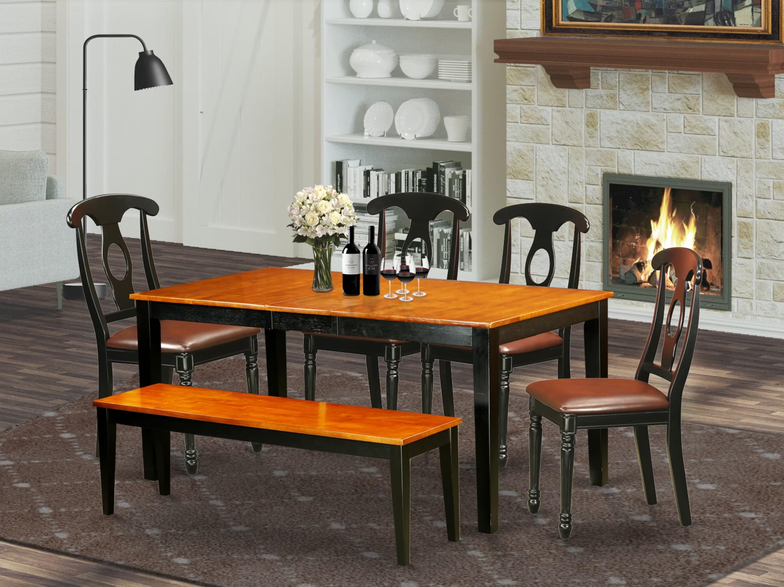 East West Furniture NIKE6-BCH-LC 6 Piece Dining Room Set Contains a Rectangle Kitchen Table with Butterfly Leaf and 4 Faux Leather Dining Chairs with a Bench, 36x66 Inch, Black & Cherry