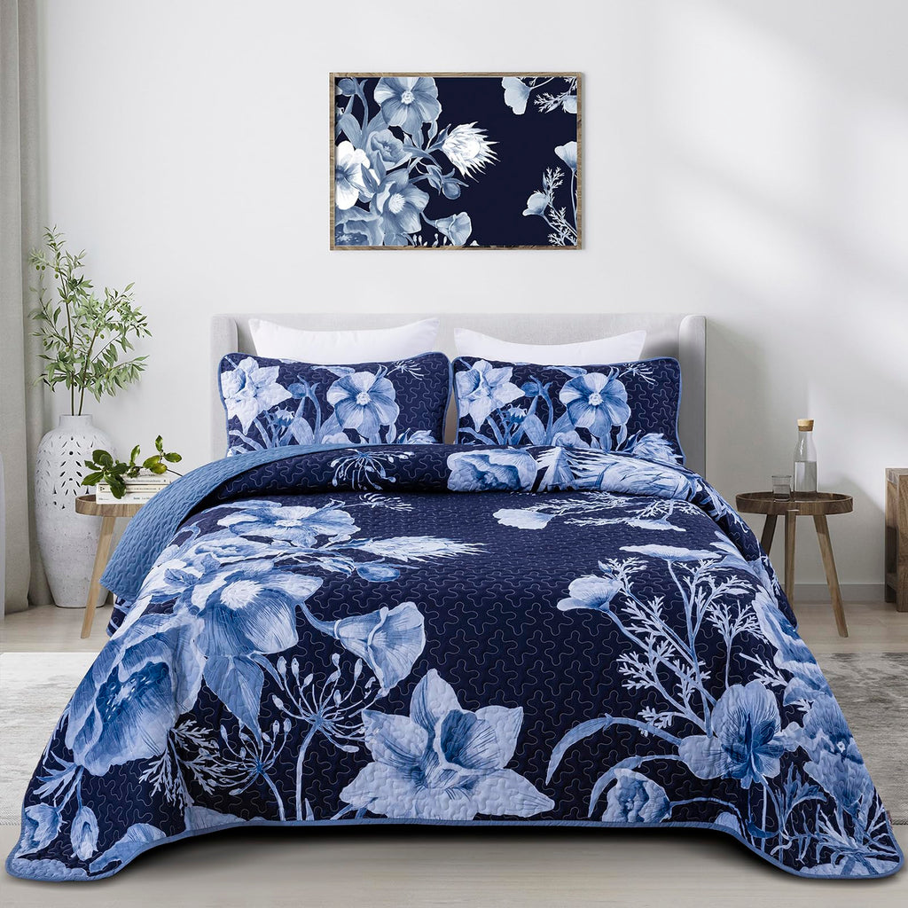 Drucon Floral Quilt Set Queen 3 Pieces Navy Blue Floral Quilt Coverlet Set Soft Microfiber Lightweight Navy Blue Quilted Bedspre