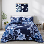 Drucon Floral Quilt Set Queen 3 Pieces Navy Blue Floral Quilt Coverlet Set Soft Microfiber Lightweight Navy Blue Quilted Bedspre