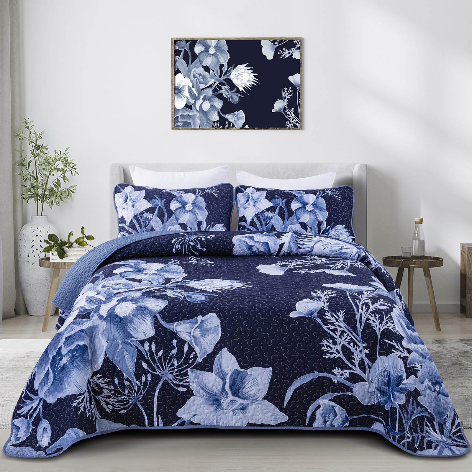 Drucon Floral Quilt Set Queen 3 Pieces Navy Blue Floral Quilt Coverlet Set Soft Microfiber Lightweight Navy Blue Quilted Bedspre