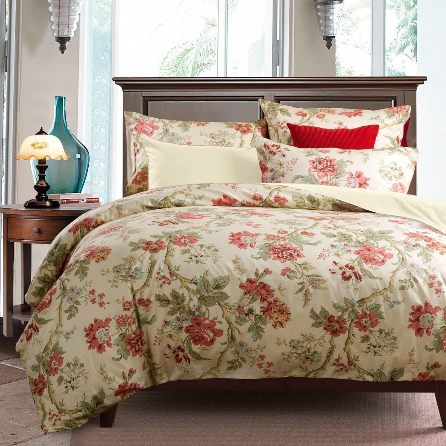 Garden Style Floral Duvet Cover Queen Vintage Red Flower Green Leaves Pattern Floral Bedding Duvet Cover Aesthetic Bedding Set C