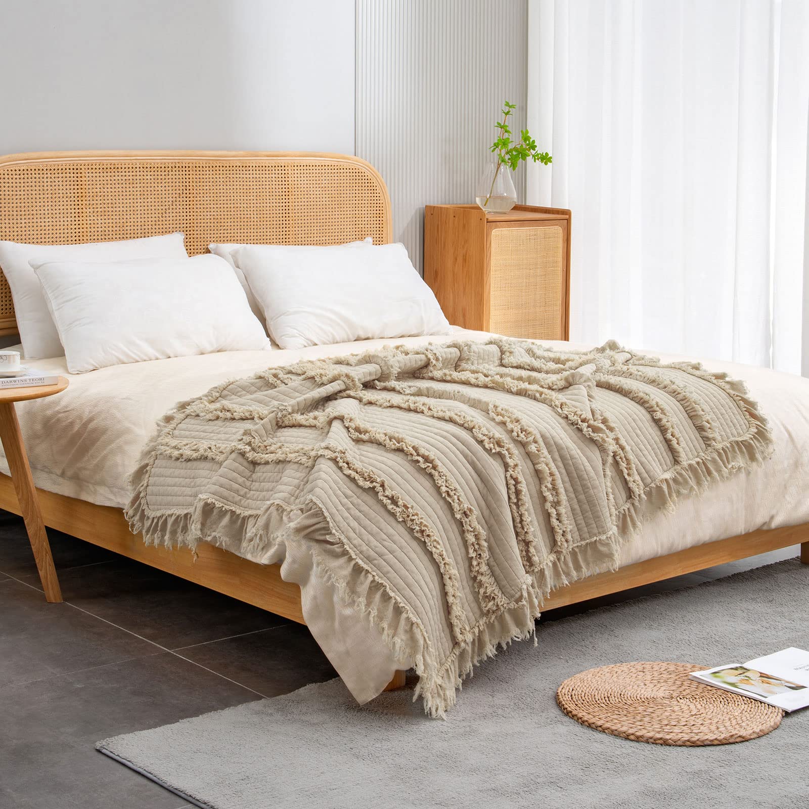 Ultra Soft Pre-Washed Quilted Boho Beige Queen Size Blankets For Bed, Ruffle Fringed Decorative Throw, Stone Washed Chic Rustic