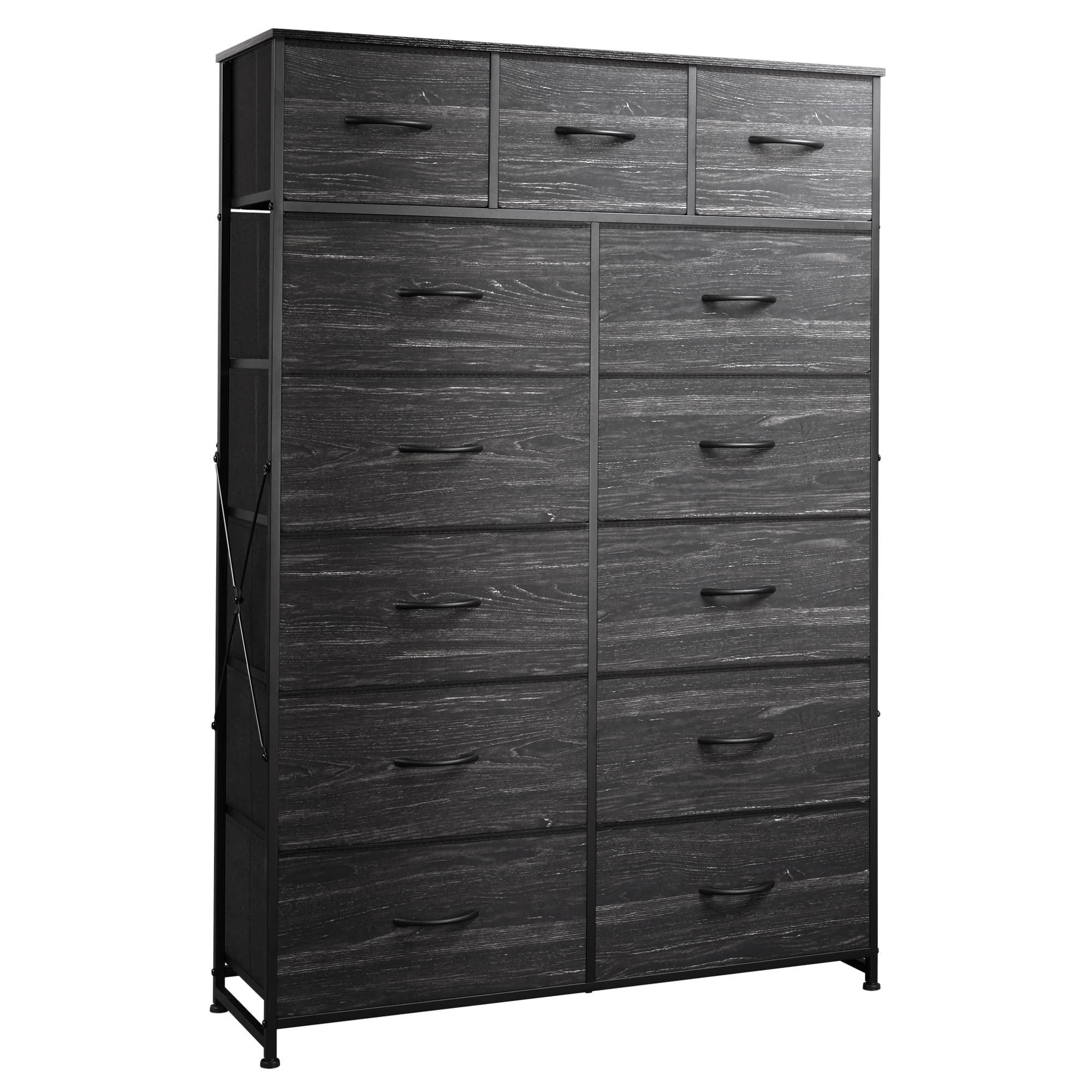 Wlive Tall Dresser For Bedroom With 13 Drawers, Storage Dresser Organizer Unit, Fabric Dresser For Bedroom, Closet, Chest Of Drawers, Steel Frame, Wood Top, Charcoal Black Wood Grain Print