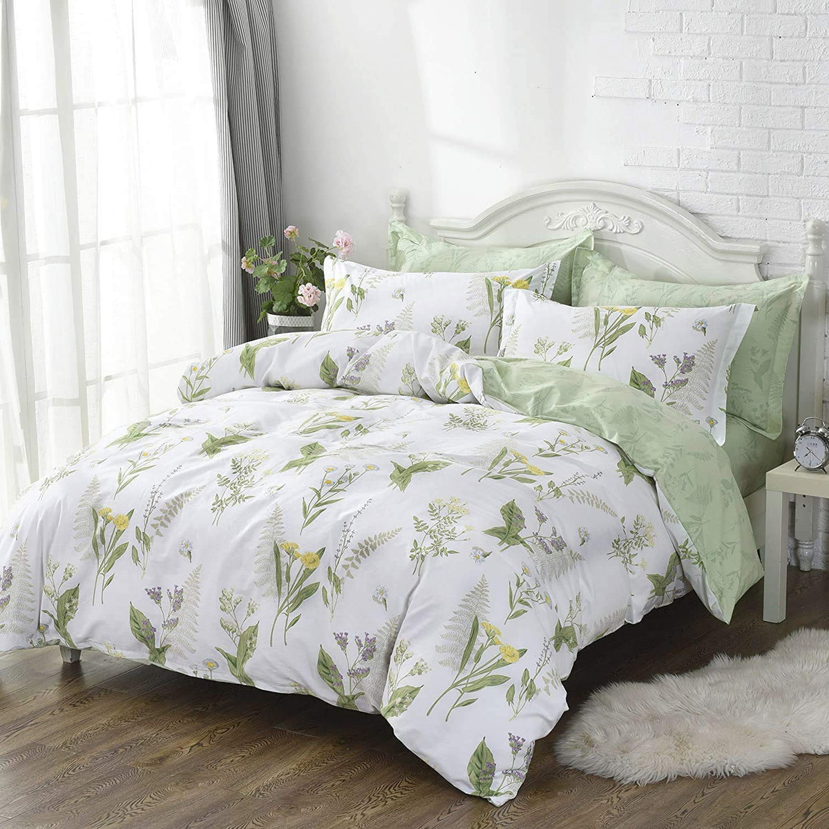 Fadfay Farmhouse Premium Shabby Green Daisy And Botanical Lavender Flowers 100% Cotton Bedding Set King Duvet Cover Set With Hid