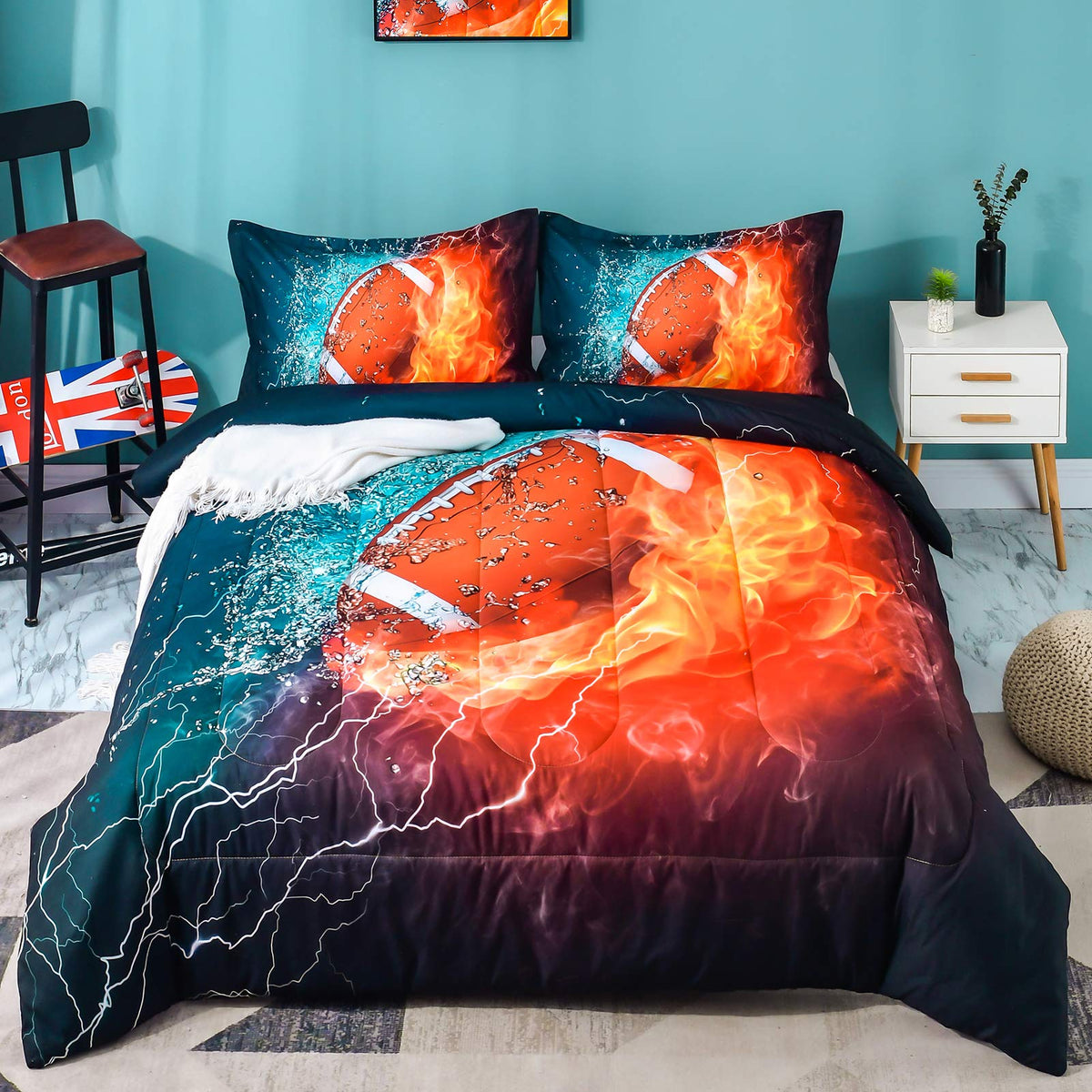 Ondency Football Comforter Set Full (79X90 Inch), 3 Pieces(1 Football Comforter, 2 Pillowcases) 3D Sport Microfiber Football Com