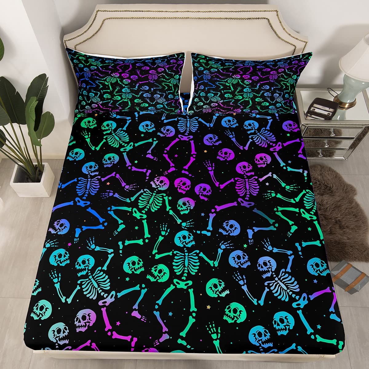 Erosebridal Sugar Skull Bed Sheets Halloween Sheet Set King Size Green Blue Purple Ombre Fitted Sheet For Kids Boys Girls Skelet