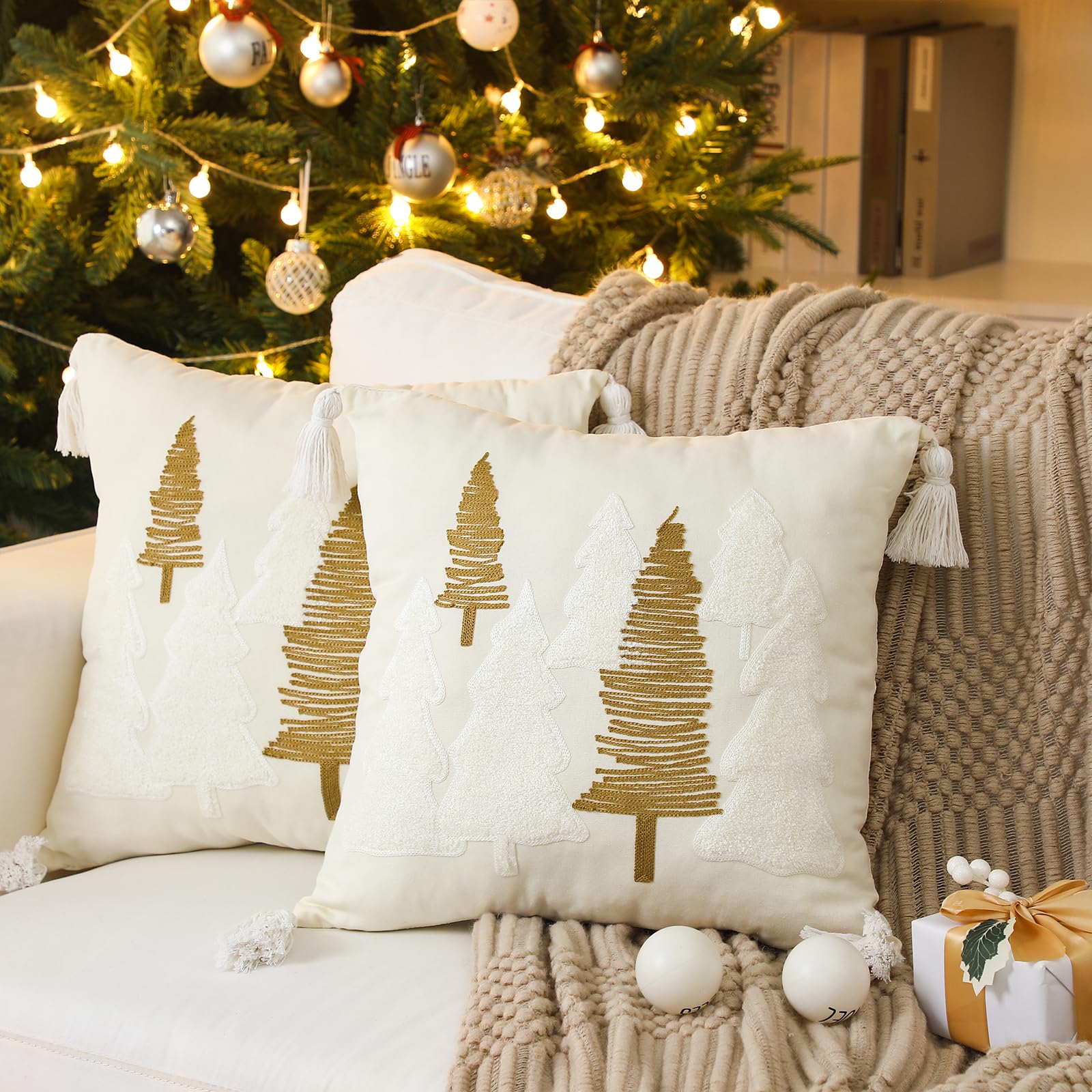 Wonderjune 2 Pcs Christmas Tree Pillow Covers 18 x 18 Inch Christmas Soft Cute Pellet Velvet Embroidery Trees Decorative Lumbar 