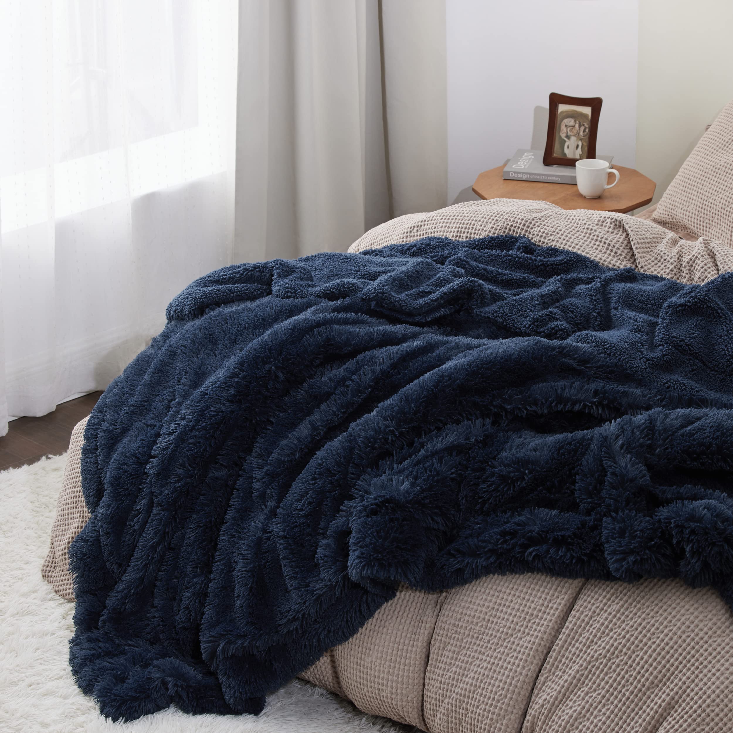 Bedsure Navy Blue Fuzzy Fluffy Faux Fur Blanket, Soft Thick Sherpa, Cozy Warm Decorative Queen Size Blanket For Bed, 90X90 Inche