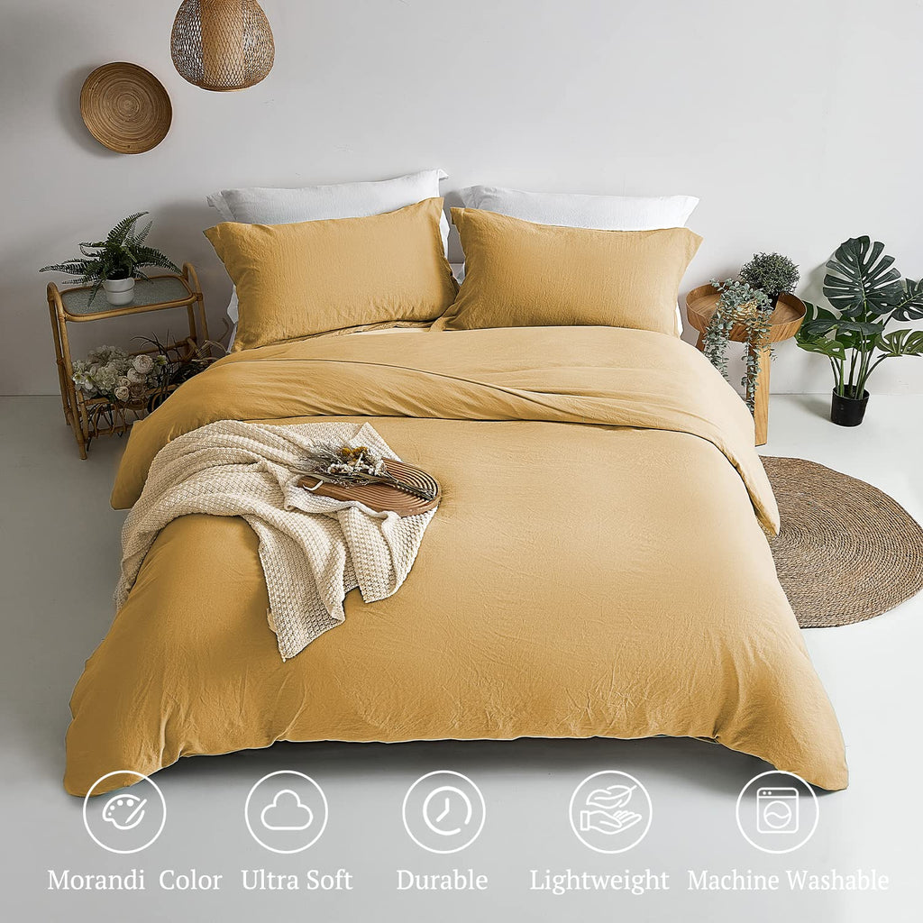 Mildly Super Soft Duvet Cover - 100% Washed Microfiber Warm Mustard Yellow Comforter Cover Set 3 Pieces With Zipper Closure & Co