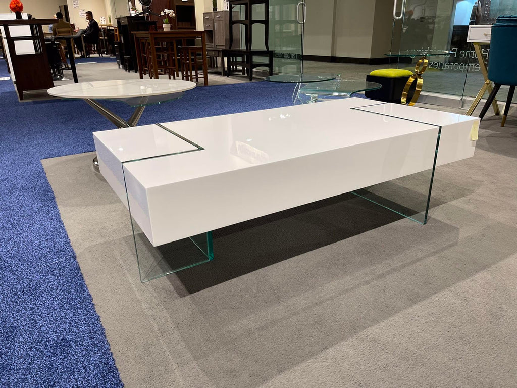 Neos Modern Furniture Rectangle, Lacquer top with 15mm Thick Clear Glass Legs (16" Tall) Coffee Table, White