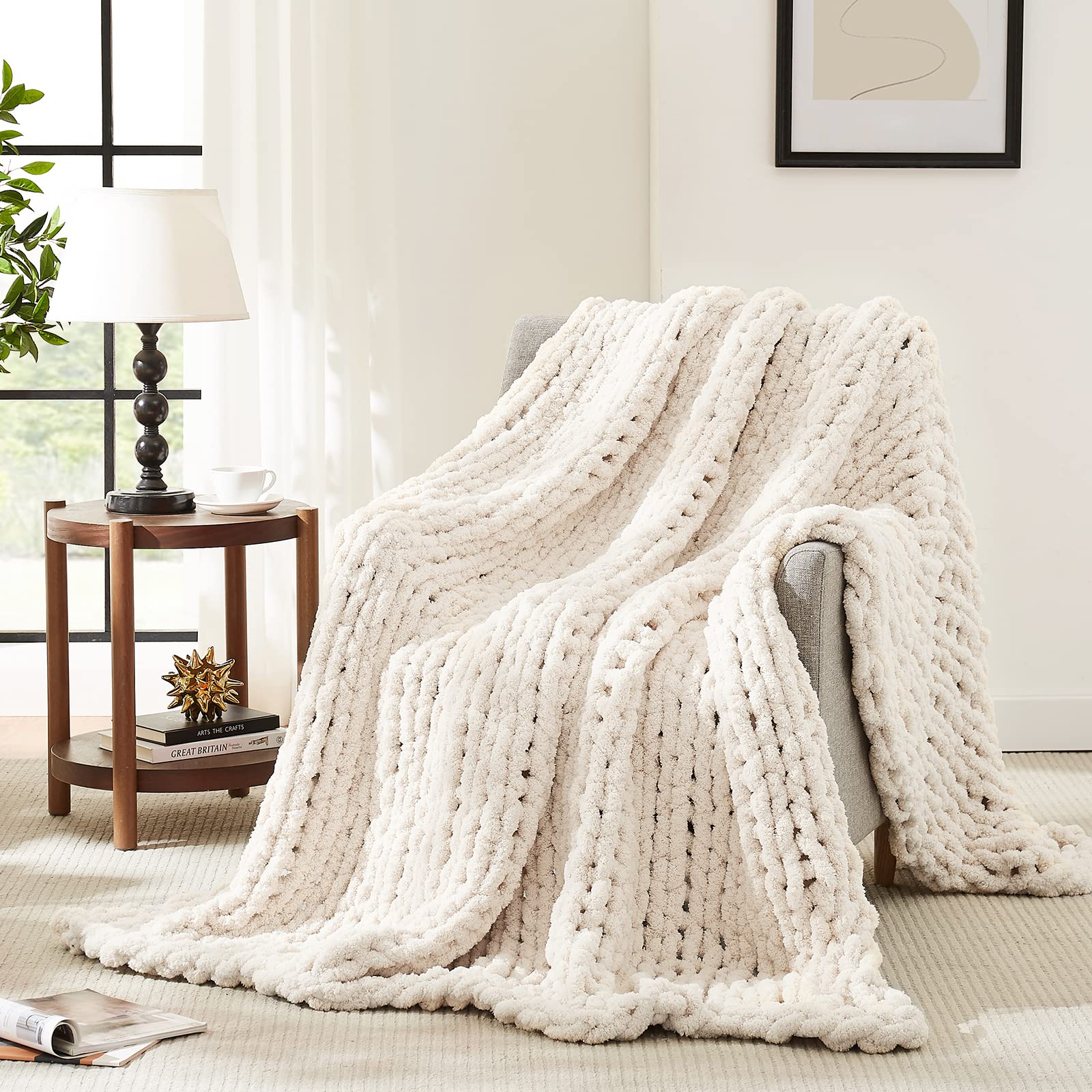 L'Agraty Chunky Knit Blanket Throw - Soft Chenille Yarn Throw Blanket 40X50: Handmade Thick Cable Crochet Blanket - Large Blanke