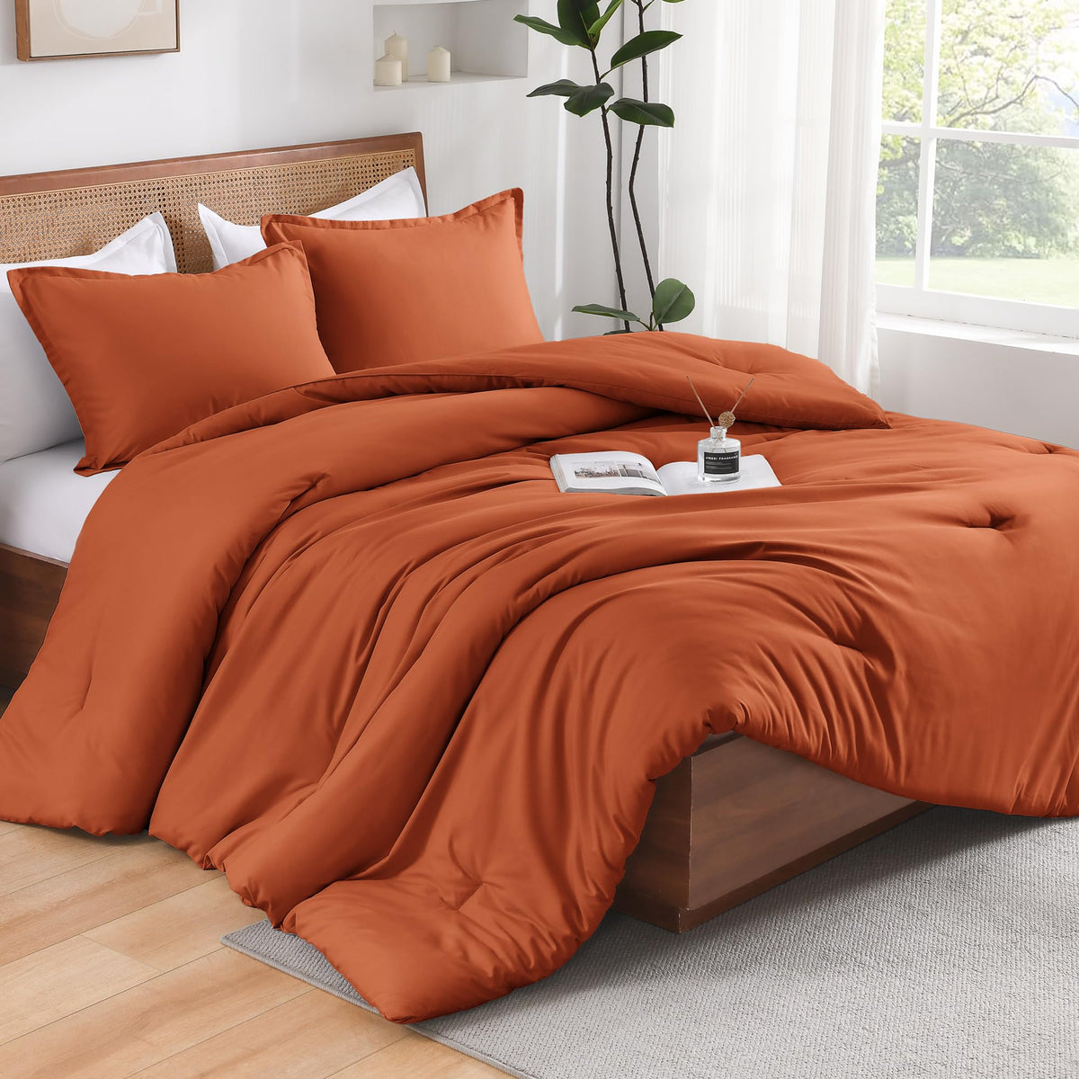 Andency Queen Comforter Set Burnt Orange, 3 Pieces Terracotta Solid Fluffy Lightweight Bedding Sets, Boho Soft Microfiber All Season Bed Set (90X90 Comforter With 2 Pillowcases)