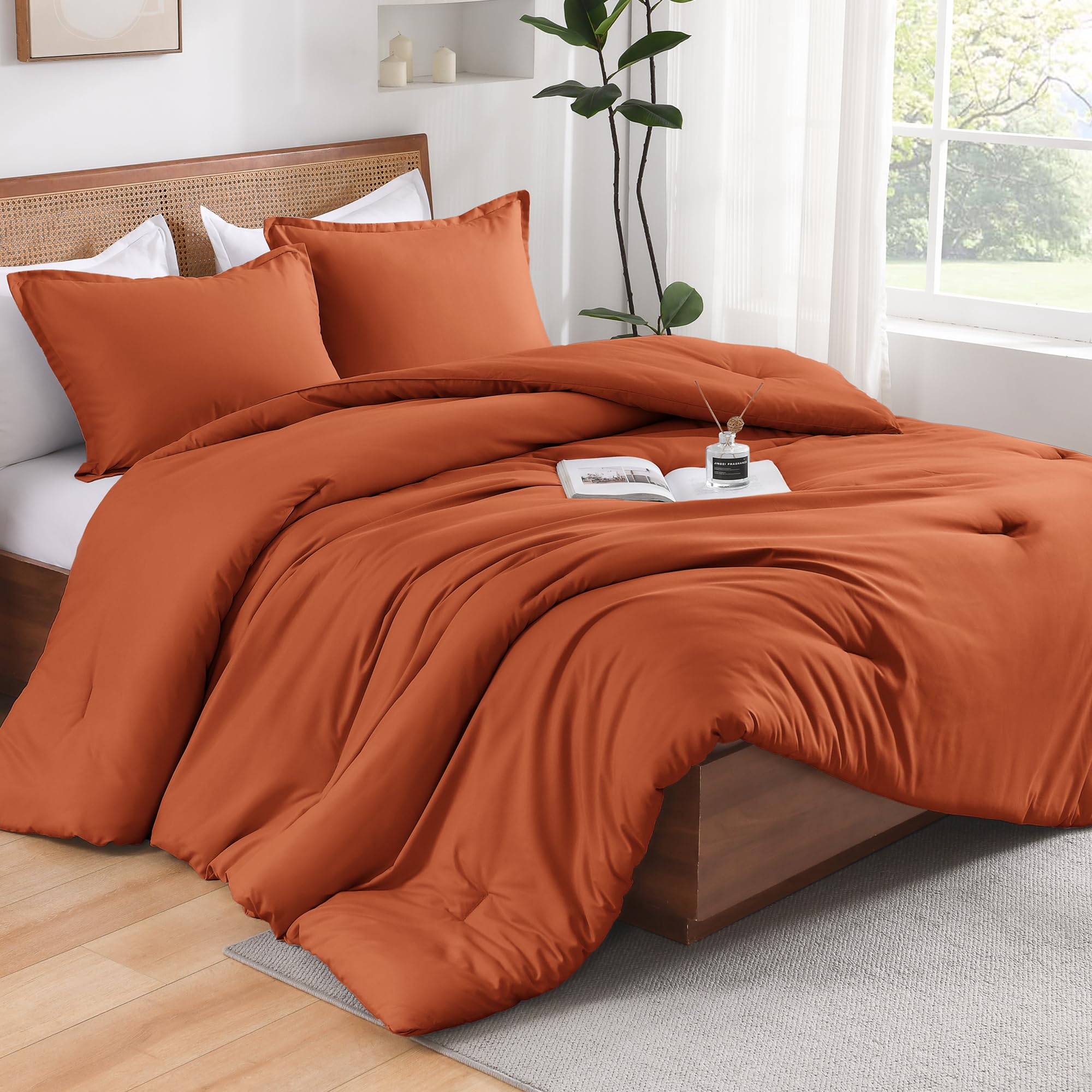 Andency King Size Comforter Set Burnt Orange, 3 Pieces Terracotta Boho Solid Bedding Sets, Vintage Soft Lightweight Microfiber All Season Bed Set For Men Women