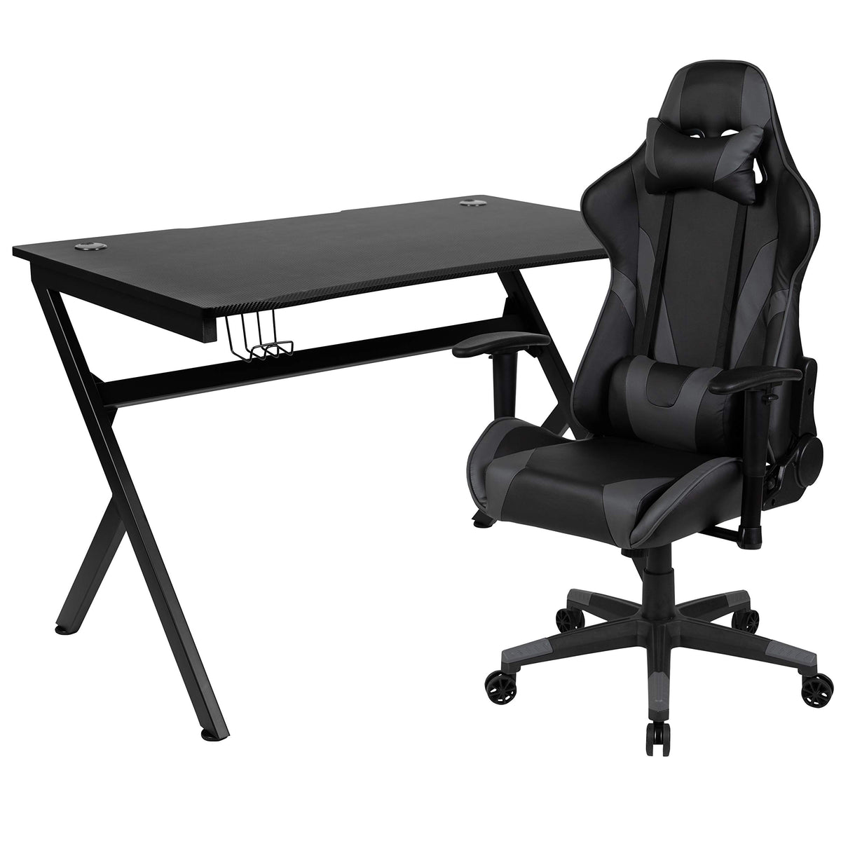 Flash Furniture Black Gaming Desk And Gray/Black Reclining Gaming Chair Set With Cup Holder, Headphone Hook & 2 Wire Management Holes