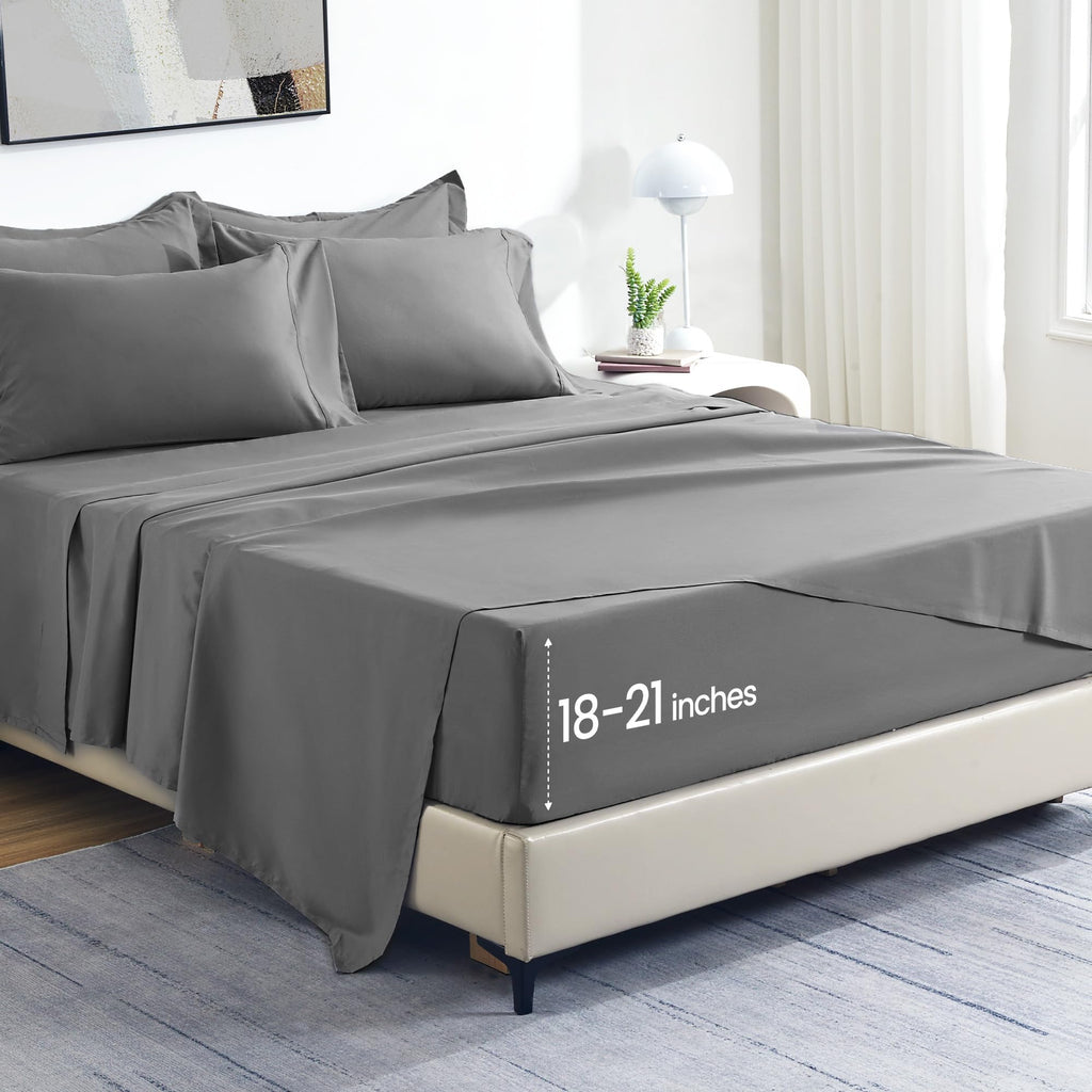 Sleep Zone Extra Deep Pocket Queen Sheet Set 4 Piece - Super Soft Brushed Microfiber Bedding Sheets Set Fits Deep Mattress Upto 21 Inches (Grey, Queen)
