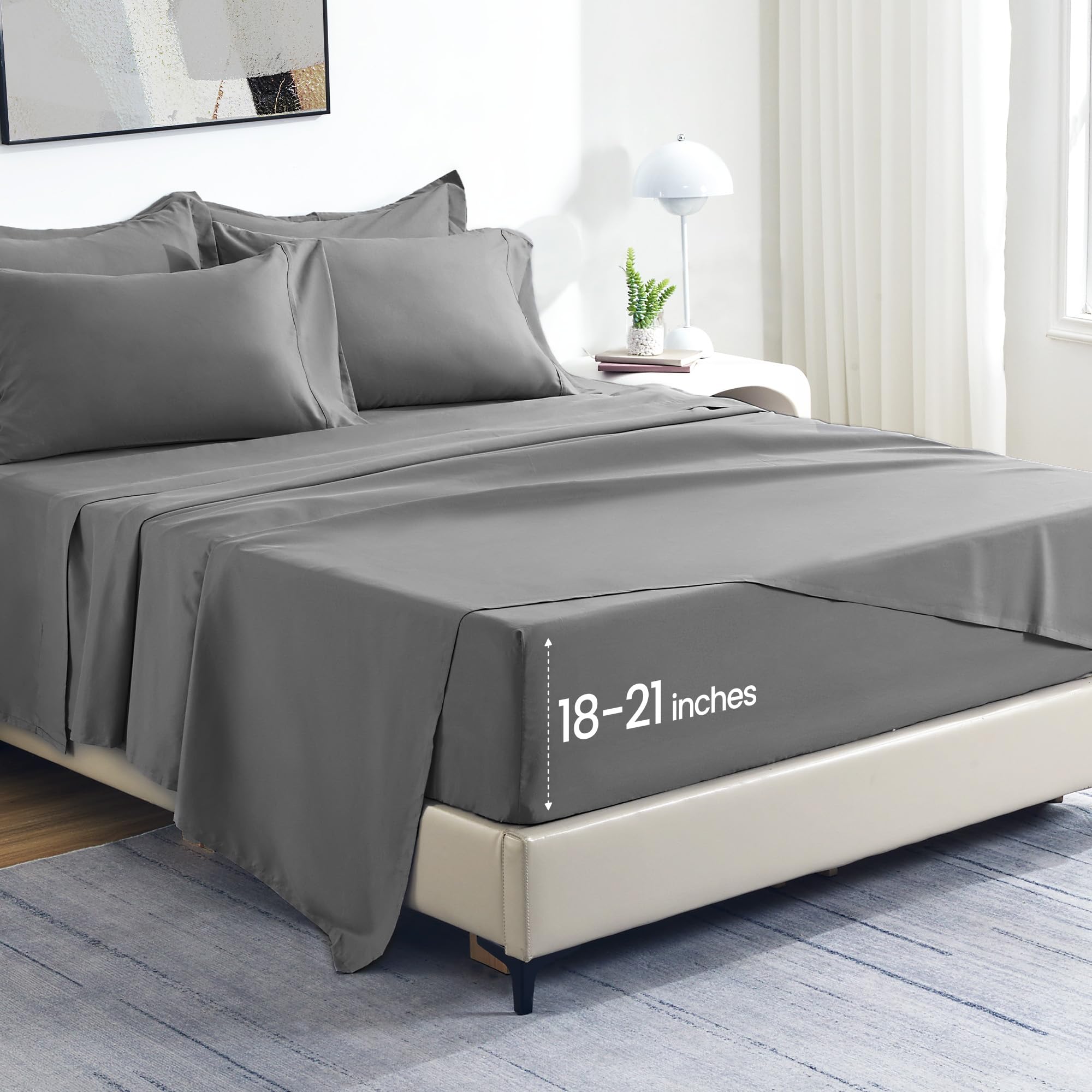 Sleep Zone Extra Deep Pocket Queen Sheet Set 4 Piece - Super Soft Brushed Microfiber Bedding Sheets Set Fits Deep Mattress Upto 21 Inches (Grey, Queen)