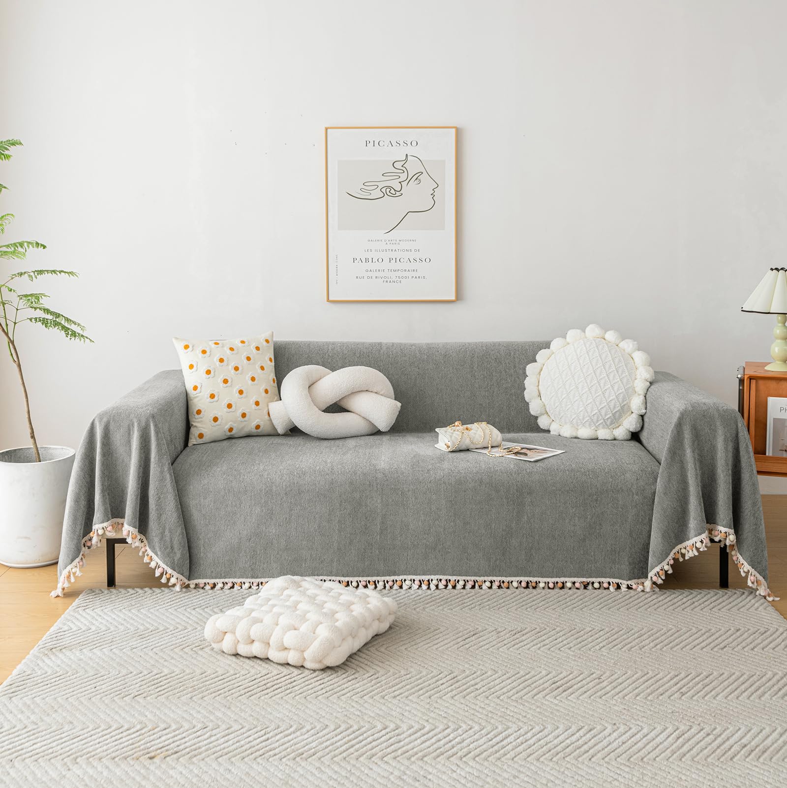 Handontime Couch Slipcovers For Sofas Dark Grey Couch Cover Sofa Cover For Dogs Boho Pet Couch Protector With Tassel Couch Throw Cover Chenille Herringbone Couch Cover Sofa 2 3 Seat Cover, 71' X118'