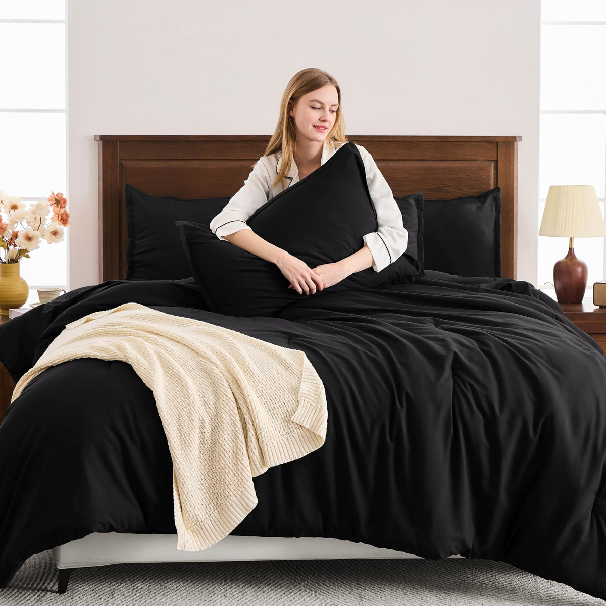 Andency Black California King Comforter Set, 3 Pieces Cal King Boho Soft Solid Bed Comforter, Oversized Lightweight Fluffy Microfiber Bedding Set (104X96In, 2 Pillowcases)