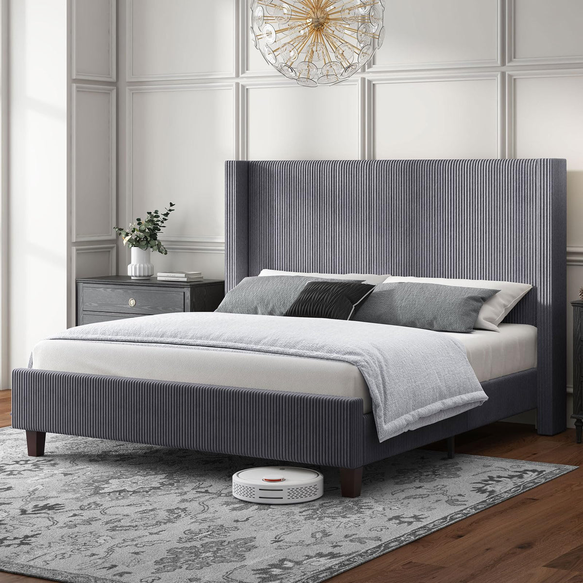 HOWE Queen Size Upholstered Platform Bed Frame, Wingback Bed with 50.8'' Headboard, Corduroy/Solid Wood Leg/No Box Spring Needed