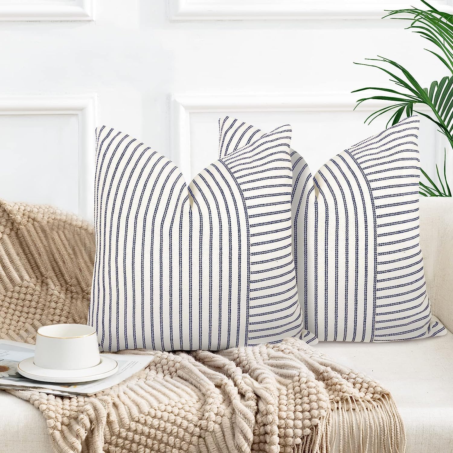 Farmhouse Pillow Covers 20X20, Modern Accent Square Throw Pillow Covers Set Of 2, Navy And Beige Striped Patchwork Linen Decorat