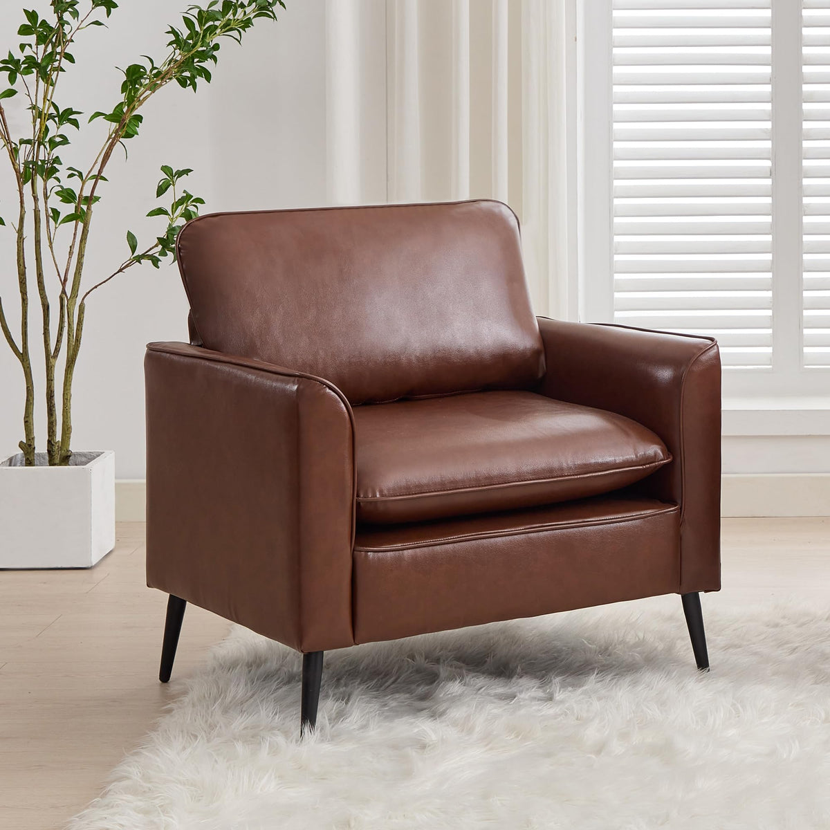 Tyboatle Accent Chair, Brown Faux Leather Chair, Comfy Living Room Chairs, Office Reading Chair, Mid Century Modern Sofa Side Ch