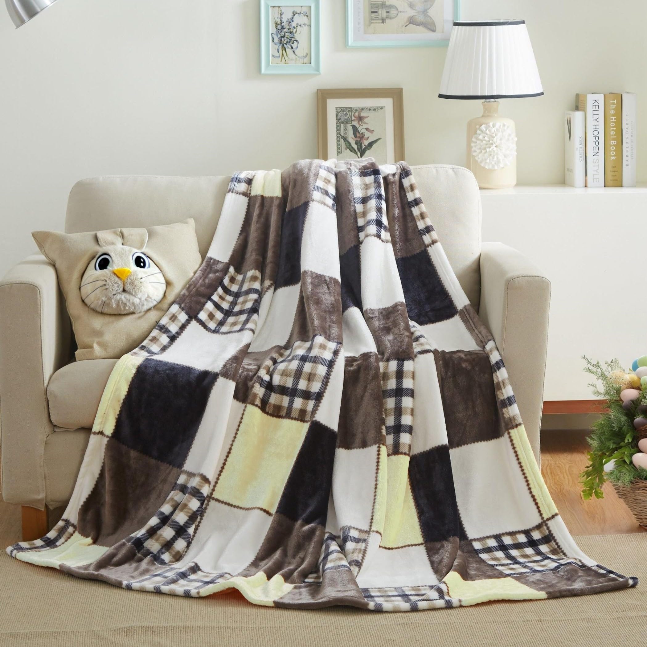 Tache Buttermilk Yellow Brown Farmhouse Super Soft Micro Fleece Plaid Patchwork Plush Lightweight Dual-Sided Decorative Couch, S