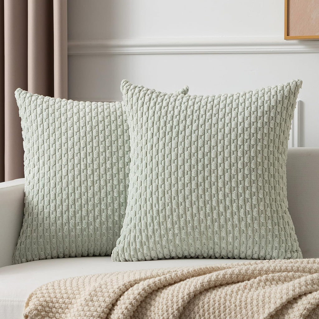 Kevin Textile Pack Of 2 Corduroy Decorative Throw Pillow Covers 16X16 Inch Spring Soft Boho Striped Pillow Covers Modern Farmhouse Home Decor For Spring Sofa Living Room Couch Bed Light Green