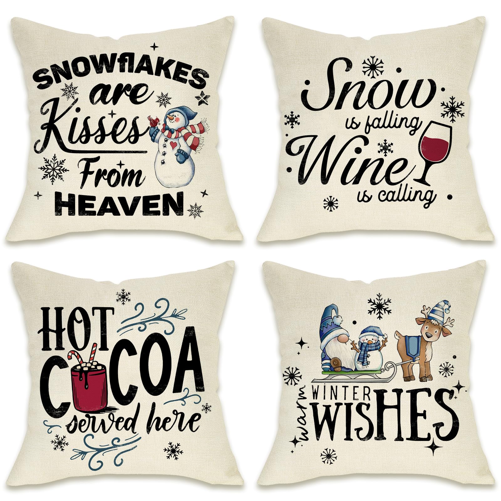 Fahrendom Winter Wishes Gnome Snowman Decorative Pillow Covers 18 X 18 Set Of 4, Snowflakes Are Kisses From Heaven Blue Christma