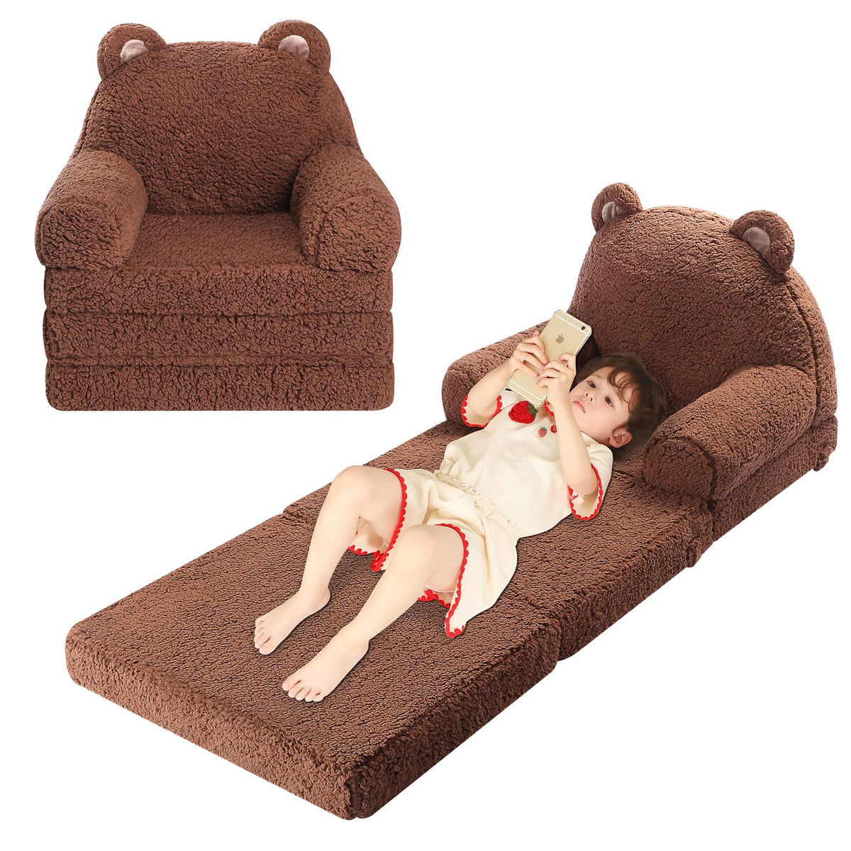 Momcaywex Foldable Kids Sofa, Sherpa Teddy Bear Toddler Couch With Tri Folding Foam Cushions, Comfy Kids Couch For Kids Age 18 Months And Up