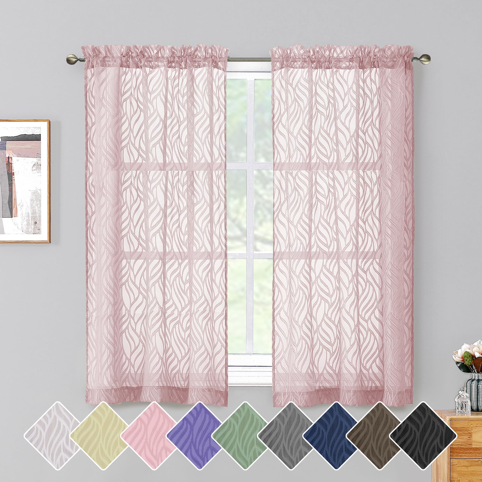 Chyhomenyc Marilyn Blush Pink Sheer Curtains 54 Inch Length For Bedroom, Light Filtering Soft 3D Leaf Clip Jacquard Textured Rod