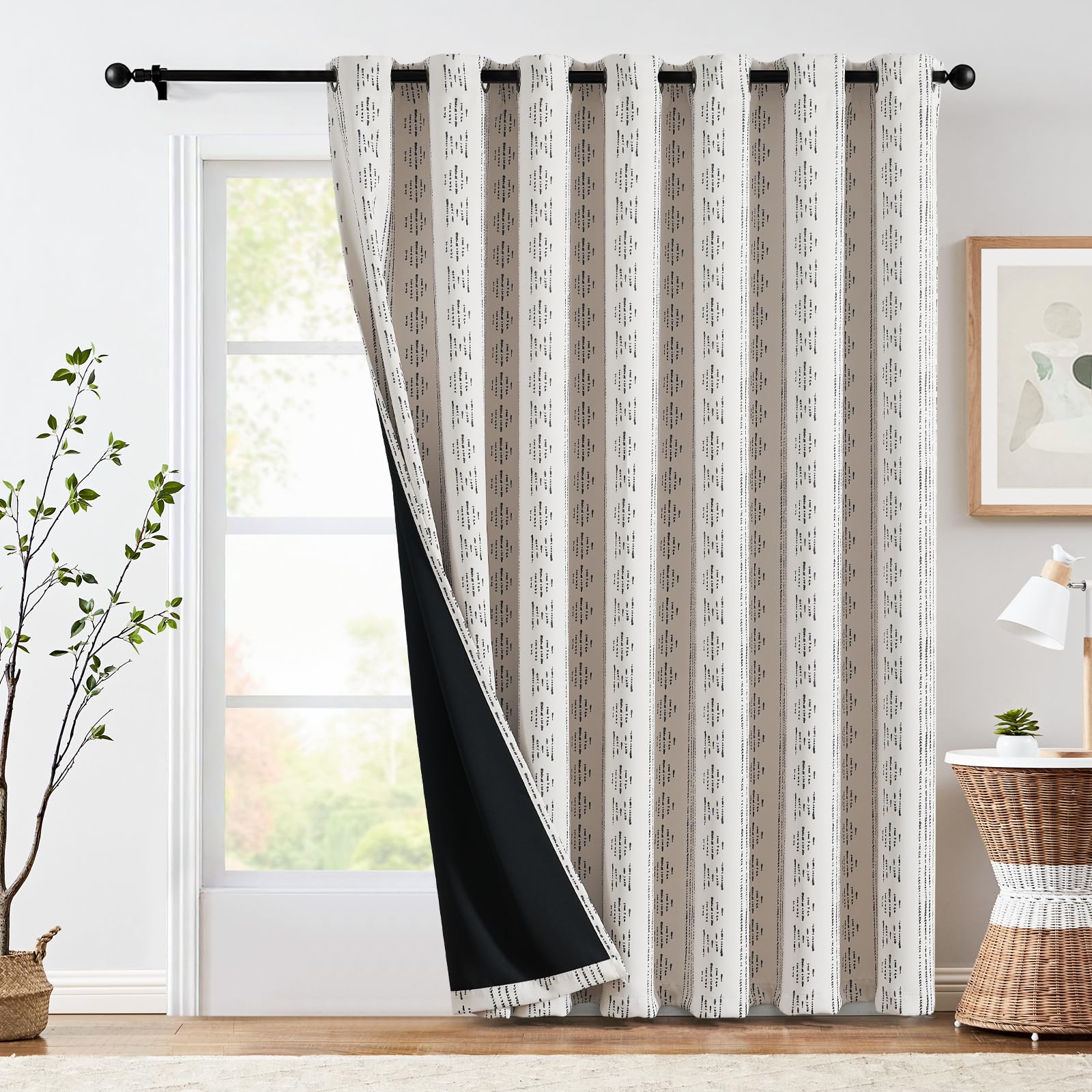 Jinchan 100% Blackout Boho Curtain 84 Inches Long For Bedroom 1 Panel Extra Wide Printed Curtain Black On Beige Geometric Gromme